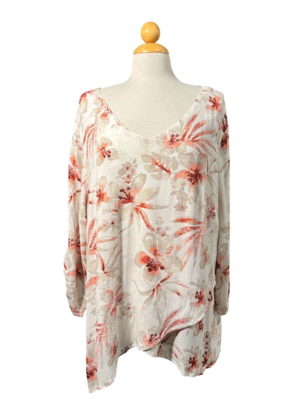 croft & barrow Cream Floral V-Neck Tunic with Coral Accents